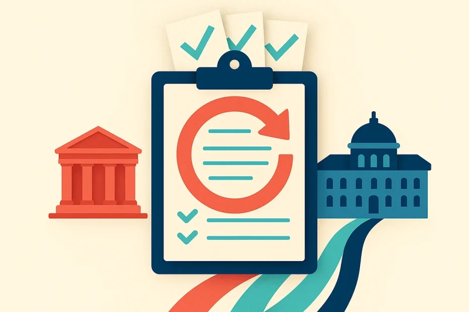 Ilustracja: druga tura rekrutacji uzupełniającej do liceum i technikum — formularz zgłoszenia ze strzałką powtórnej rundy na tle budynków szkoły