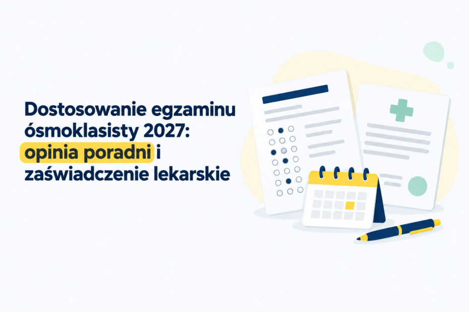 Ilustracja dokumentu egzaminacyjnego, zaświadczenia lekarskiego i kalendarza.