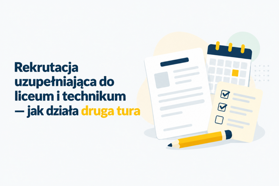 Ilustracja wyróżniająca artykuł o rekrutacji uzupełniającej do liceum i technikum: formularz, kalendarz i lista kontrolna symbolizują drugą turę naboru.
