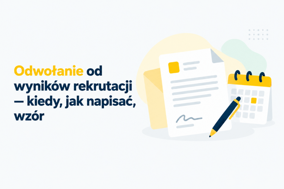Ilustracja wyróżniająca artykuł o odwołaniu od wyników rekrutacji: pismo, kalendarz i długopis symbolizują przygotowanie odwołania.