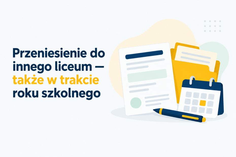 Ilustracja wyróżniająca artykuł o przeniesieniu ucznia do innego liceum: podanie, teczka i kalendarz symbolizują procedurę w trakcie roku szkolnego.