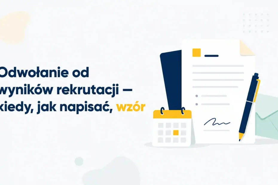 Ilustracja odwołania od wyników rekrutacji: pismo, kalendarz i koperta symbolizują terminy oraz wzór odwołania.